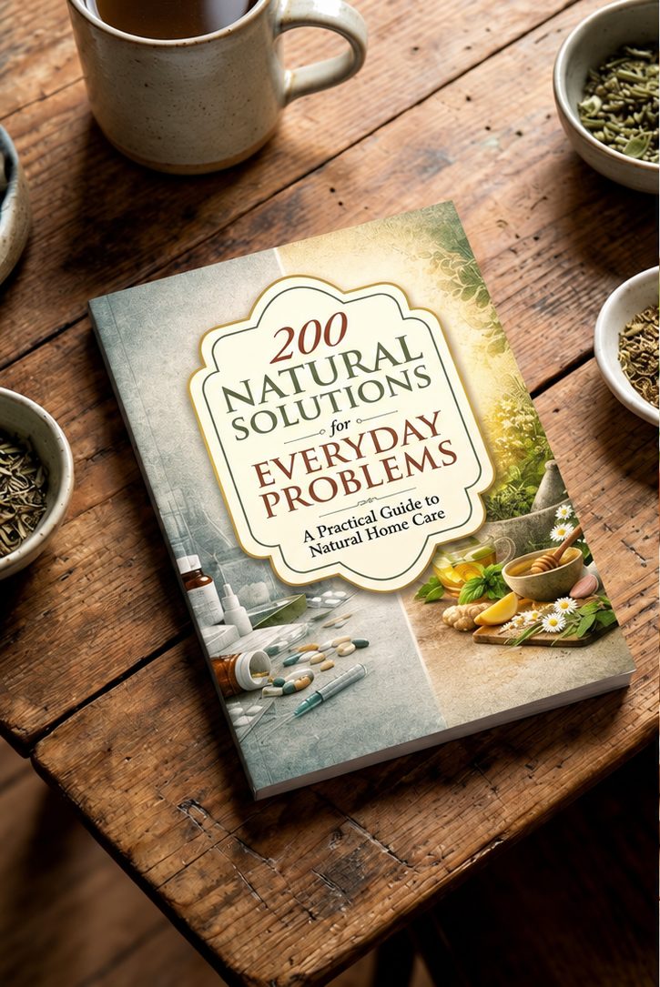 The book on a wooden table with herbs and tea